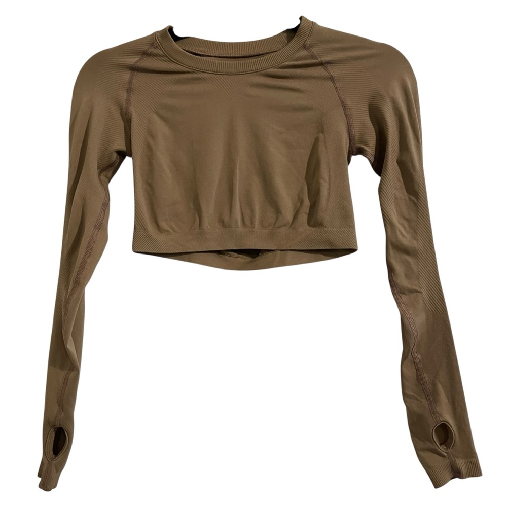 Alphalete Brown Fitted Crop Athletic Top Long Sleeves Thumb Holes Size Small